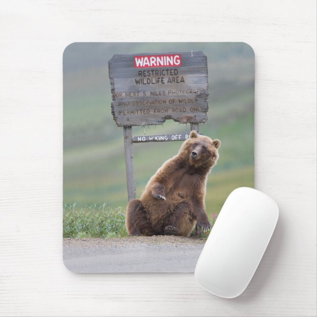 Grizzly Bear Plays With Sign Mouse Pad (With Mouse)