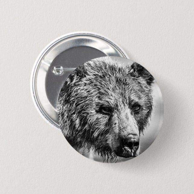 Grizzly bear portrait 6 cm round badge (Front & Back)