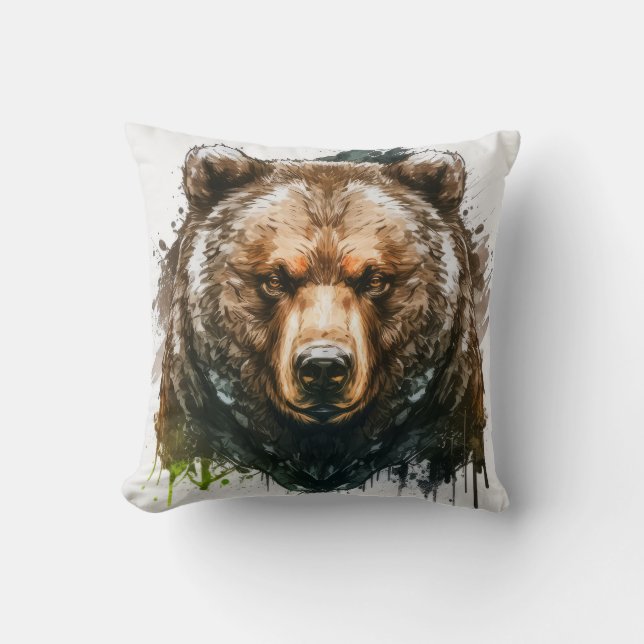 Grizzly Bear Portrait Animal Painting Wildlife Art Cushion (Front)