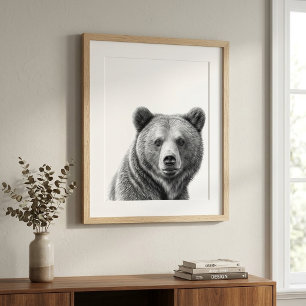 Grizzly Bear Portrait Black white Poster