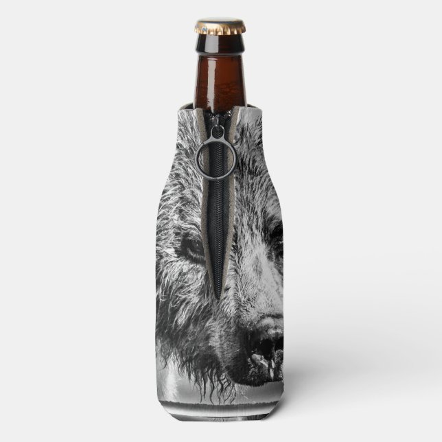 Grizzly bear portrait bottle cooler (Bottle Back)