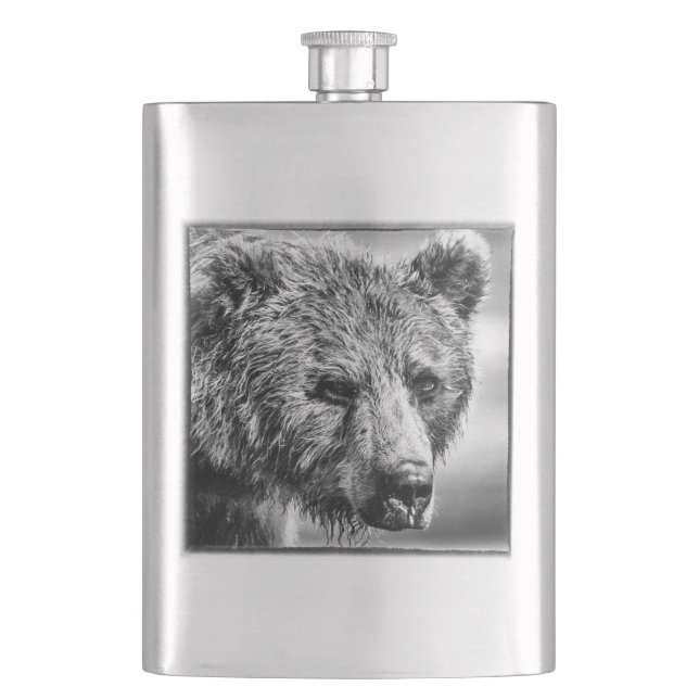 Grizzly bear portrait hip flask (Front)