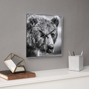 Grizzly bear portrait square wall clock