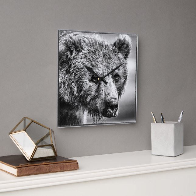 Grizzly bear portrait square wall clock (Office)