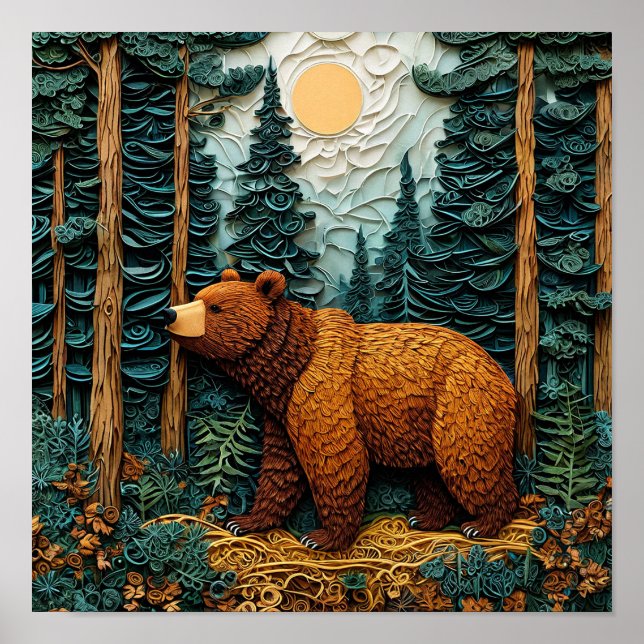 🐻 Grizzly Bear Quilling Paper Art Detailed Nature Poster (Front)