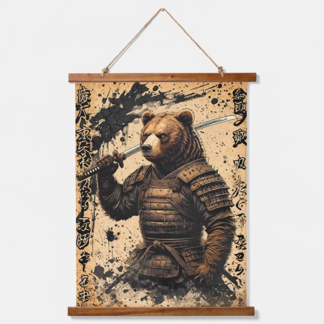 Grizzly Bear Samurai Warrior - Japanese Ink Style Hanging Tapestry (Front)