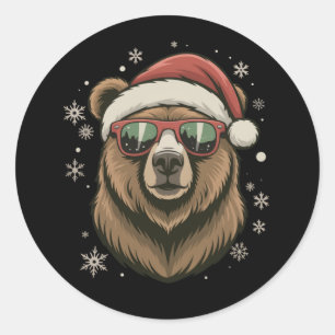 Grizzly Bear Santa Hat Funny Cute Animal Lover  Classic Round Sticker