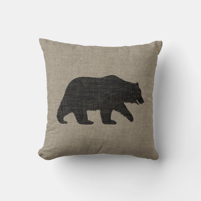 Grizzly Bear Silhouette Faux Linen Burlap Style Cushion (Front)