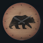 Grizzly Bear Silhouette Rustic Style Large Clock<br><div class="desc">Grizzly Bear Wall Clock. Wood design is printed,  not real wood.</div>