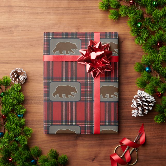 Grizzly Bear Silhouettes Pattern on Plaid Wrapping Paper (Holiday Gift)