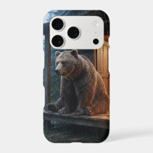 Grizzly Bear Sitting on Porch of Cosy Cabin