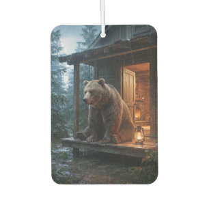 Grizzly Bear Sitting on Porch of Cosy Cabin Car Air Freshener