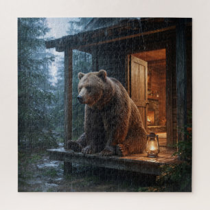 Grizzly Bear Sitting on Porch of Cosy Cabin Jigsaw Puzzle