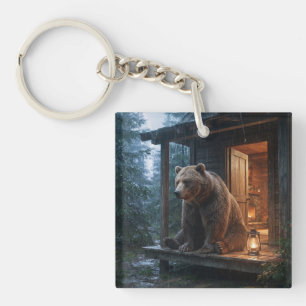 Grizzly Bear Sitting on Porch of Cosy Cabin Key Ring