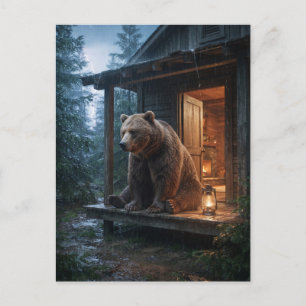 Grizzly Bear Sitting on Porch of Cosy Cabin Postcard