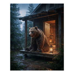Grizzly Bear Sitting on Porch of Cosy Cabin  Poster