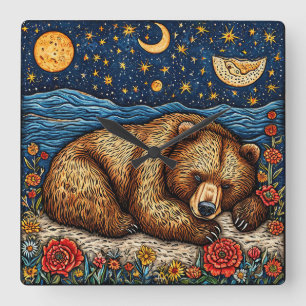 Grizzly Bear sleeping Square Wall Clock