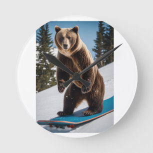 Grizzly Bear Snowboarding in Winter Gear Round Clock