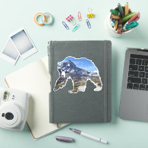 Grizzly Bear Sticker with Wilderness Silhouette 