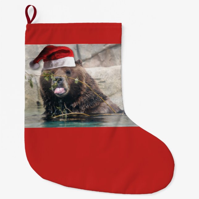 Grizzly Bear Wearing a Santa Claus Hat Large Christmas Stocking (Front)