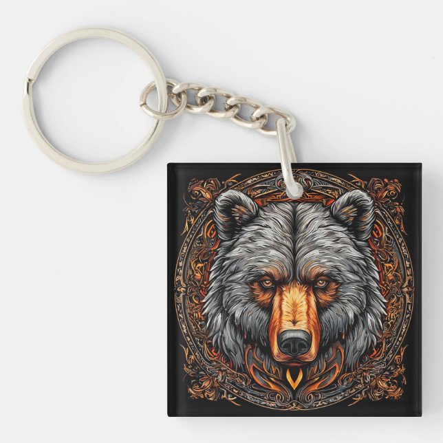 🐻✨ Grizzly Bear Wildlife Art 🌲🔑 Key Ring (Front)