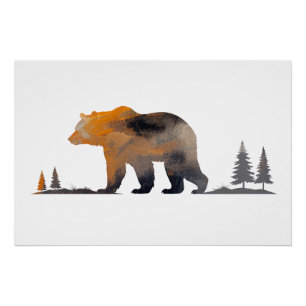Grizzly Bear Wildlife Nature Silhouette Style Poster