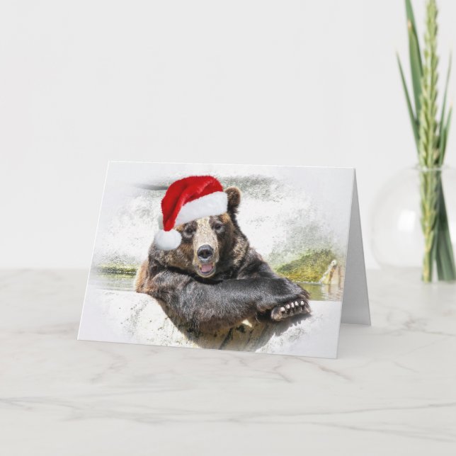 Grizzly Bear With Christmas Hat Holiday Card (Front)