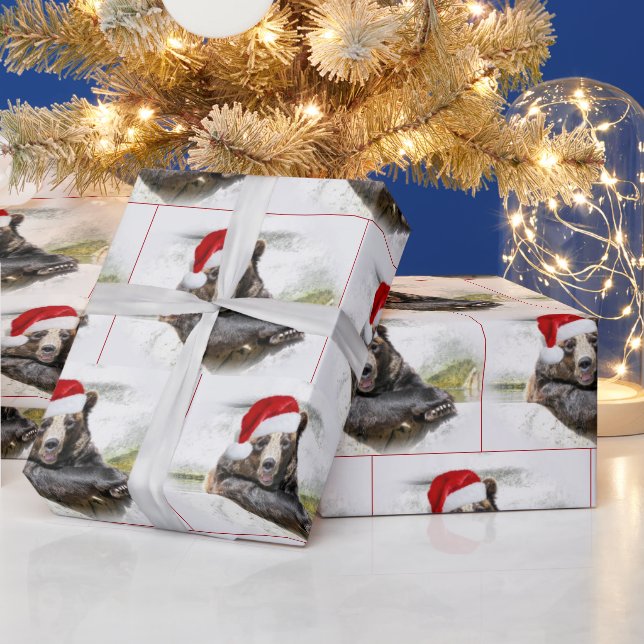 Grizzly Bear With Santa Claus Hat  Wrapping Paper (Holidays)
