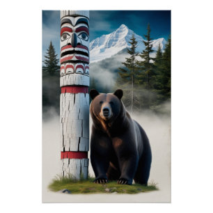 Grizzly Bear with Totem Pole Wildlife Art Poster