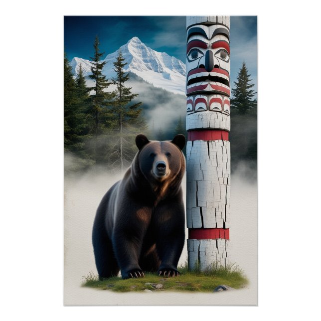 Grizzly Bear with Totem Pole Wildlife Art Poster (Front)