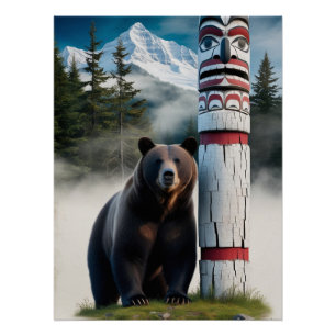 Grizzly Bear with Totem Pole Wildlife Art Poster