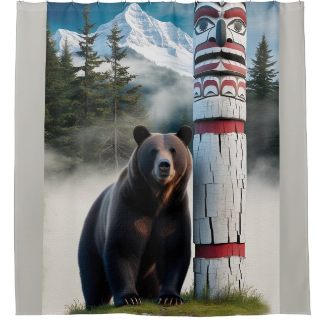 Grizzly Bear with Totem Pole Wildlife Art Shower Curtain (Front)