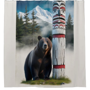 Grizzly Bear with Totem Pole Wildlife Art Shower Curtain