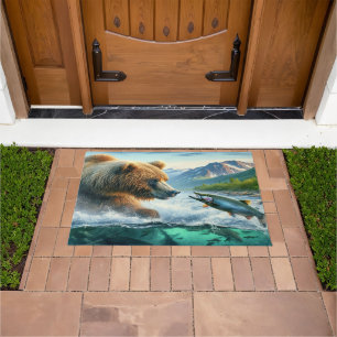 Grizzly Bears with steelhead trout salmon 36x24 Doormat