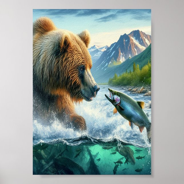 Grizzly Bears with steelhead trout salmon 5x7 Poster (Front)