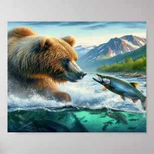Grizzly Bears with steelhead trout salmon 8x10 Poster