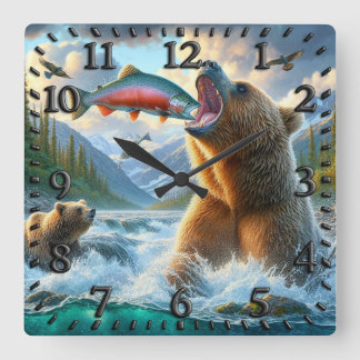 Grizzly Bears with steelhead trout salmon jumping Square Wall Clock