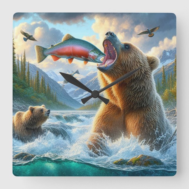 Grizzly Bears with steelhead trout salmon jumping Square Wall Clock (Front)