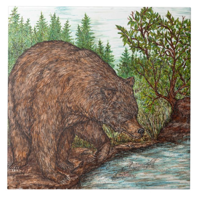 Grizzly fishing ceramic tile (Front)