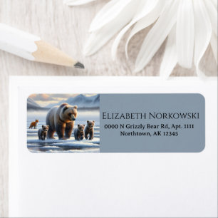 Grizzly Mother Baby Bear Cubs Frozen Lake Red Fox Return Address Label