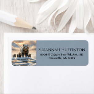 Grizzly Mother Baby Bear Cubs Frozen Lake Return Address Label