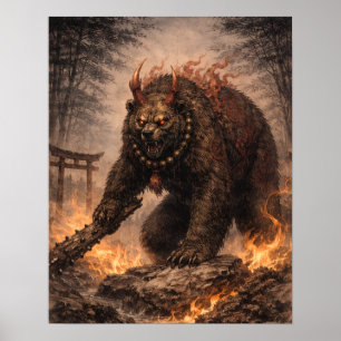 Grizzly Oni Bear Poster, Japanese Folklore Wildlif Poster