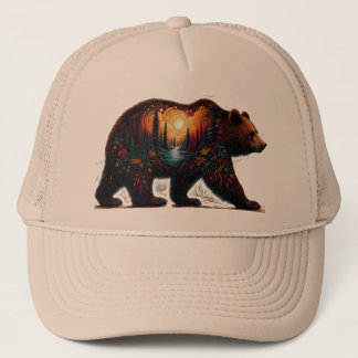 Grizzly silhouette against mountains  trucker hat