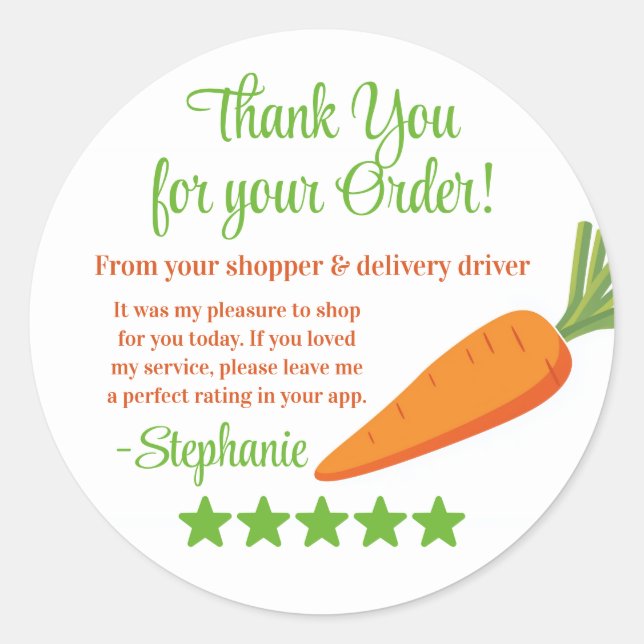 Grocery Delivery Service Thank You Review Stars Classic Round Sticker (Front)