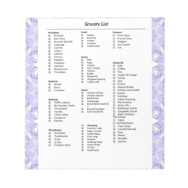 Grocery List Reminder with Pattern Purple Notepad (Front)
