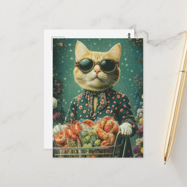 Grocery Shopping Ginger Cat in Sunglasses Postcard (Front/Back In Situ)