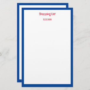 Grocery Shopping List Blue Border Custom Color Stationery