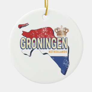 Groningen Netherlands Retro Map Dutch Vintage Ceramic Ornament