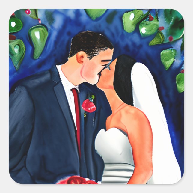 Groom and Bride Just got Married Kiss Square Sticker (Front)