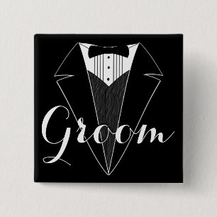 Groom Black and White Tux Wedding Party Button